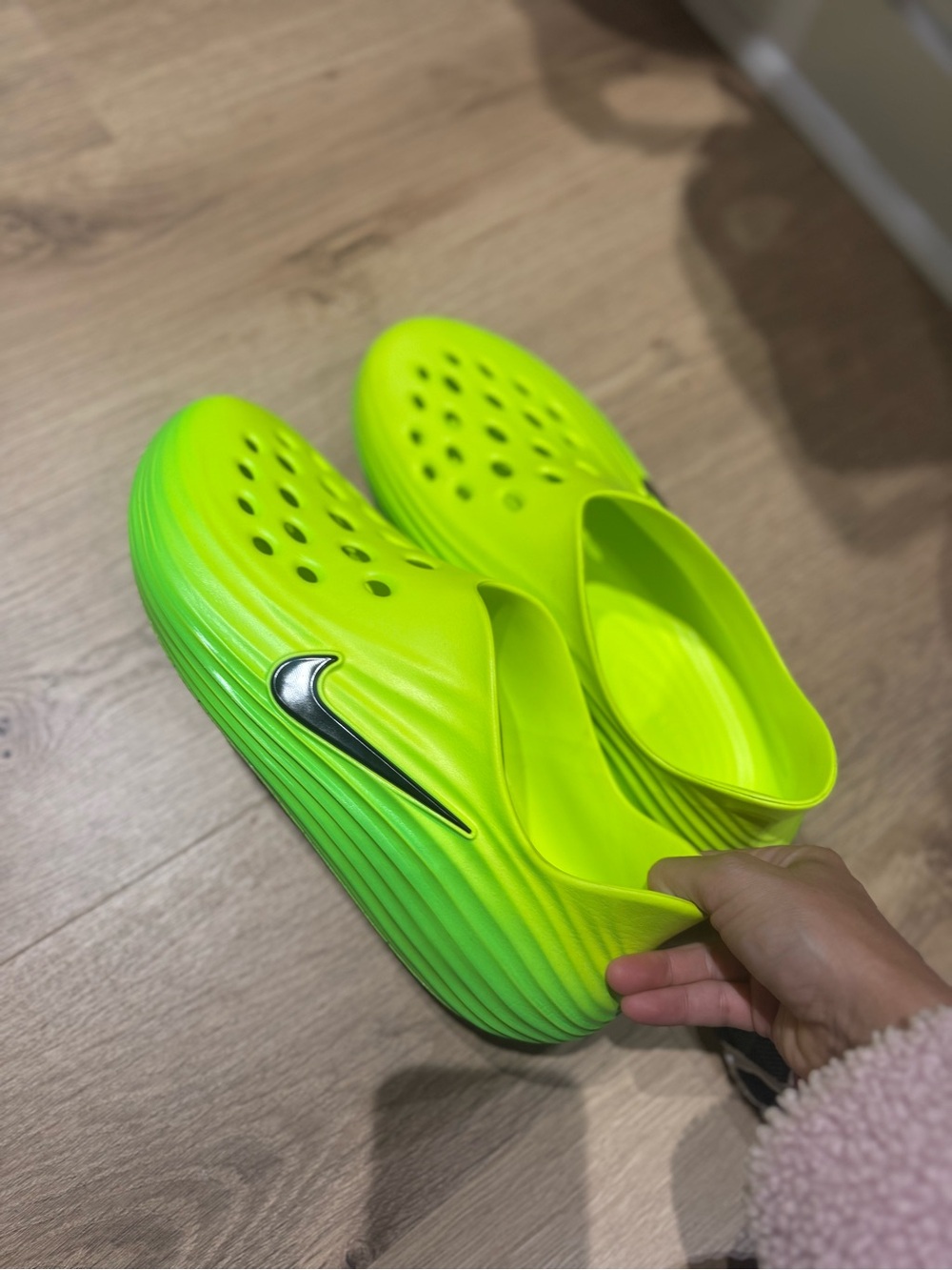 Nike Mens Neon Yellow-Green Slip-On Clog with Swoosh - recovery shoe